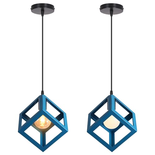 iDEGU 2 Pezzi Lampadario a Sospensione Moderno a Forma di Cubo Stile Geometrico E27 Lampada da Soffitto Vintage in Metallo Lampada a Sospensione per Camera da Letto Soggiorno Ristorante (Blu)