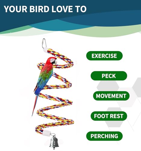 Image of 63'' Bird Rope Perches Birdcage Swing Toys 100% Cotton Natural Bird Perch Peck /Chewing with Vintage Bell Climbing Standing Bungee Parrot Toys for Small to Regular Size Parrot Cockatiel Birds