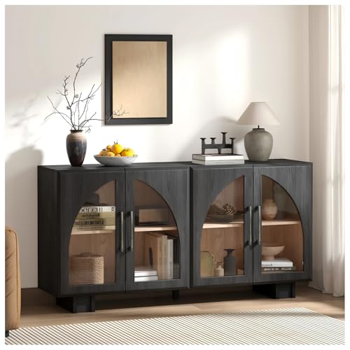 Image of Sideboard Buffet Cabinet with Storage, 63 inch Modern Accent Cabinet with Glass Doors, Minimalist Media Console with Adjustable Shelves, Arched Credenza for Living Room Entryway Kitchen, Black