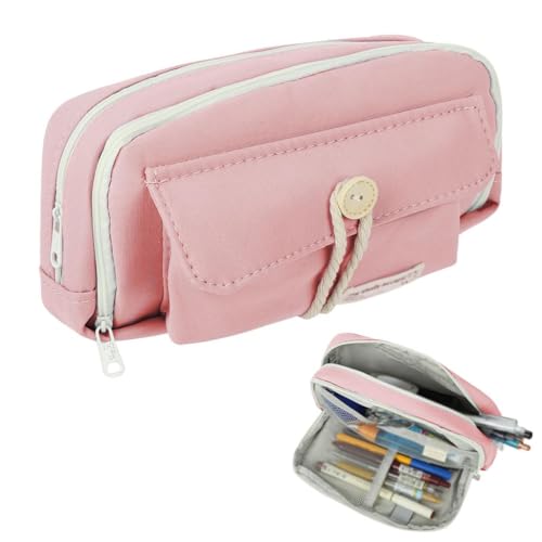 Image of Canvas School Bag Pencil Case, 3 Layer 6 Compartment Large Capacity, Aesthetic Pencil Pouch for Stationary, Cute Stationery for Kids, Pencil Case for Girls & Boys (Our Timer Pink)