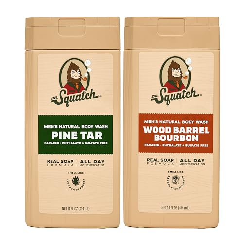 Dr. Squatch Natural Mens Body Wash Shower Gel - Cleansing Nourishing Long Lasting Scent Moisturizing Body Wash for Men - Pine Tar + Wood Barrel Bourbon (14 oz 2-Pack)