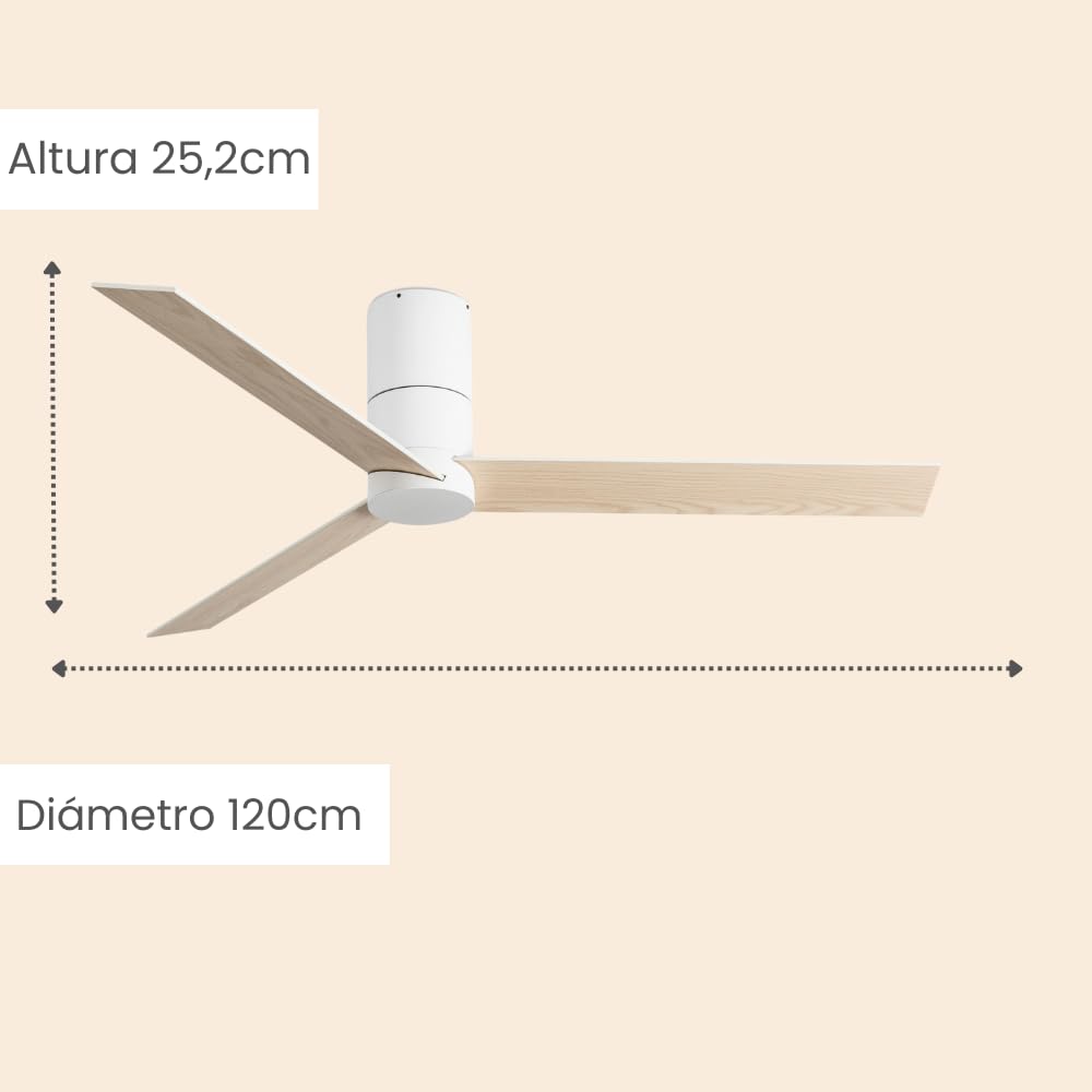 / HYBRID/Ventilador de techo blanco y palas reversibles blanco-arce Ø120 cm/Ultra Silencioso, bajo consumo, 6 Velocidades, Mando a Distancia, Verano-Invierno, temporizador, modo brisa