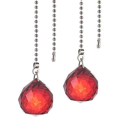 Image of Ceiling Fan Pull Chain, 2pcs 30mm Diameter Prism Ball Extension Chains with Decorative Light Bulb and Fan Cord (Red