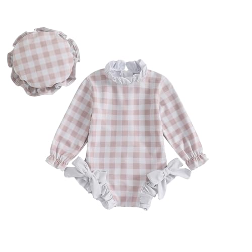 Toddler Baby Girl One Piece Swimsuit Checkered Print Long Sleeve One Piece Rash Guard Ruffle Swimsuit with Hat Set