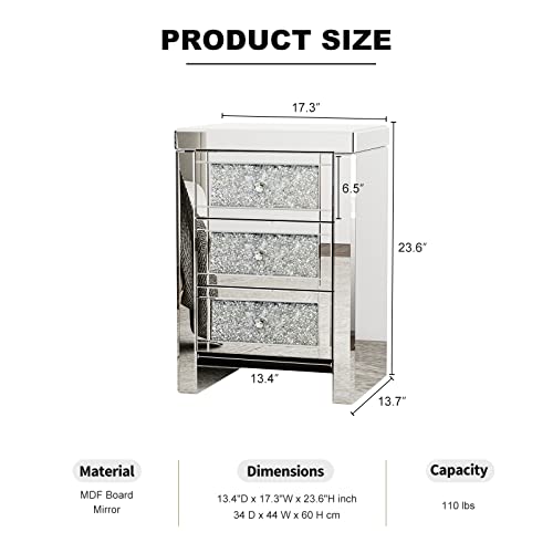 Ikifly Mirrored End Table Set Of 2, Mirror Crystal Accent Side Table W/3 Drawers, Finished Nightstand For Living Room/Bedroom (2Pc, Silver&Crystal) #TOP1