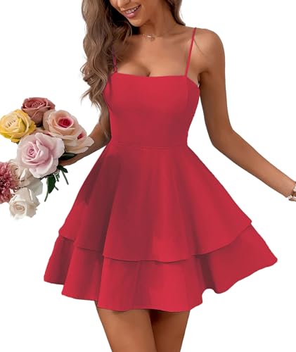 SEMATOMALA Mini robe patineuse à bretelles spaghetti à volants et évasée pour femme - Robe courte sexy et mignonne, Rouge, Taille XS