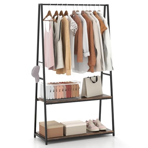 COSTWAY Clothes Rail, Freestanding Garment Rack Clothes Stand with Hanging Rail, 2 Storage Shelves and 4 Hooks, Heavy-duty Metal Frame Clothing Rack Coat Hanger for Bedroom Closet (Black+Rustic Brown)