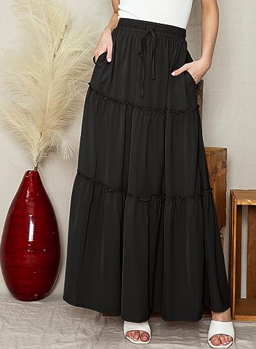 Image of Happy Sailed Womens Floral Print Boho Maxi Skirt Elastic High Waist Pleated Ruffle Flowy Long Skirts S-XL