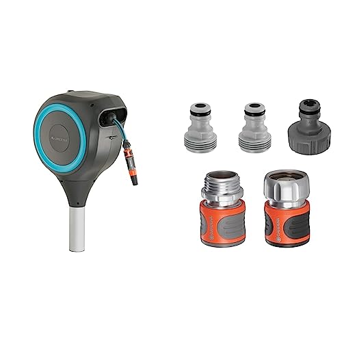 Gardena 50 Foot Auto Retractable Hose Reel Bundle with Premium Metal Connectors