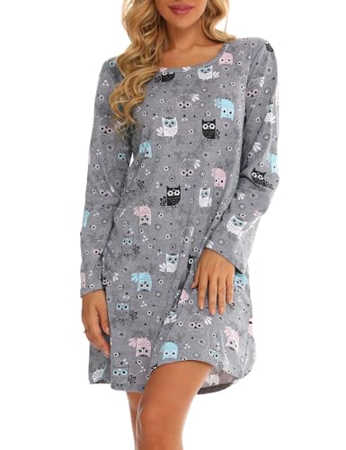 MIA LUCCE - Camisón de noche para mujer, manga larga, algodón, camisones para mujer, ropa de dormir redonda S-3XL, XXL