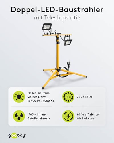 Goobay 57845 LED Baustrahler auf Teleskopstativ 2 x 20W, 3400lm