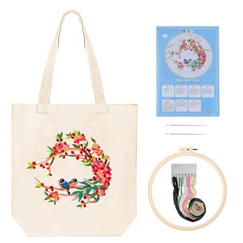 Image of Huacan Embroidery Canvas Bag Kits for Adults Beginner Stamped Flowers Pattern DIY Cross Stitch Printed Flower Stitching Sewing Kit