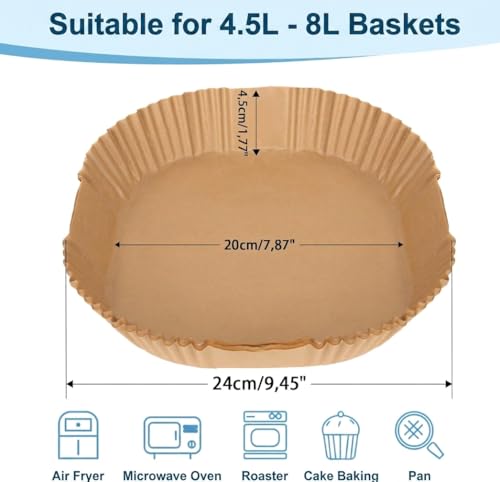 Image of Air Fryer Paper Sheets, 100 Pcs Disposable 8-Inch Parchment Liners with Non-Stick Oil-Proof Design for Baking, Frying, Roasting, Microwave Cooking, and Easy Basket Cleanup