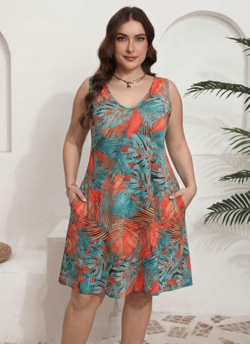 Image of Women Plus Size V Neck Sleeveless Floral Print Pocket T Shirt Dresses Casual Midi Tank Dress Beach Cover up Sundress (XL-5X)