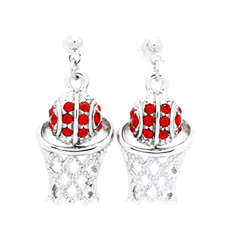 BASKETBALL HOOP POST EARRINGS - CRYSTAL BASKETBALL EARRINGS - RED