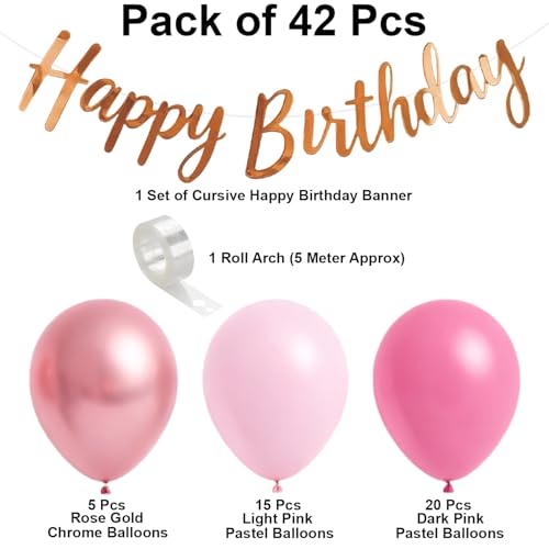 Image of Rozi Decoration Pink Balloon Kit with Rose Gold Happy Birthday Banner, Pastel Pink Metallic Balloons Garland Set for Girls Kids Adults Birthday Parties Decoration Supplies Pack of 42 Pcs