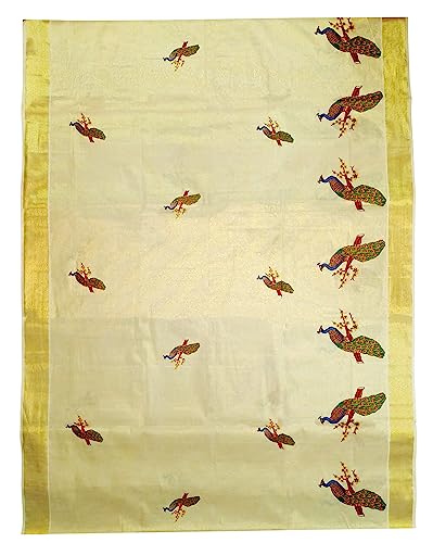 Image of Women's Mural Printed Kerala Gold Tissue Saree with Running Blouse Piece | Traditional South Indian Ethnic Saree for Festivals, Weddings & Special Occasions
