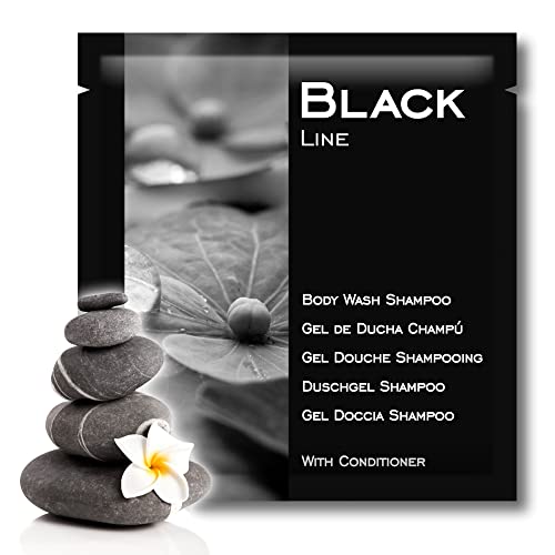 GPQ - Gel/Champú 2en1 BLACK Line | 400 Und. x 8 Gr. | 94% Natural Origin | Amenities Hotel | Con Acondicionador, Sin Parabenos | Para Hotel, Casa Rural, Apartamento, B&B | Fabricado en España