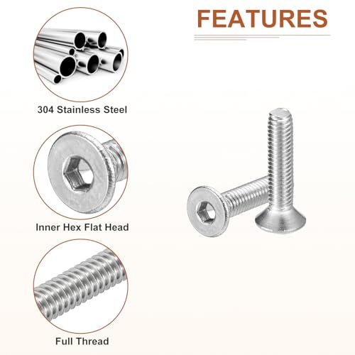 Image of DTGN M3-0.5 x 14mm Flat Head Socket Cap Screws, 100 Pack 304 Stainless Steel Hex Socket Flat Head Screws, Full Thread, Countersunk Bolts