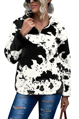 EARKOHA Womens Plus Size Long Sleeve Casual Zip Collar Cow Print