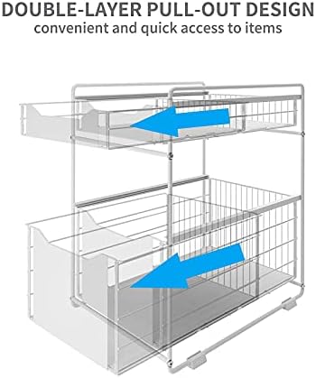 DAWNYIELD 2 Tier Organizer with Storage Drawer Under Sink Sliding Cabinet Pull Out Basket Rack Spice Rack Snack Organizer for Kitchen Bathroom Bedroom Counter Pantry Office -White