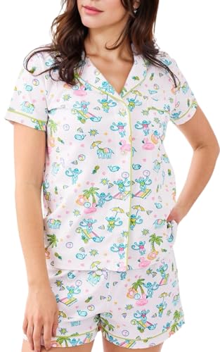 Image of Womens Pajamas Set Shorts Button Down 2 Piece Monkey Bunny Y2k Roller Dupes Rabbit Preppy Lounge Pjs Comfy Sleep Wear