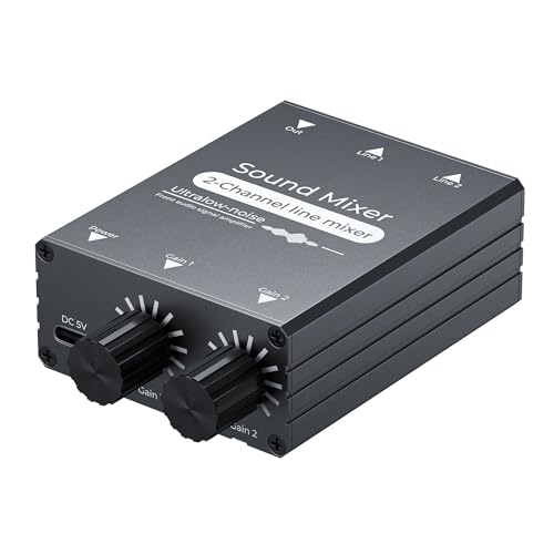 2 Channel Stereo Audio Mixer - 3.5mm Mini Mixers Audio with Dual Volume Control Knobs Aluminum Shell 2 in 1 Out Small Audio Switch for PC Headphone Speaker Monitor Projector Live Streaming