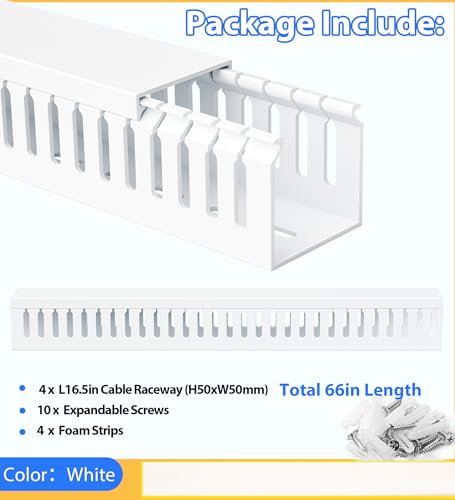 Image of 2 inch H x 2 inch W Cable Raceway, 66in Under Desk Wire Management Channel, White | Slotted Wire Duct, 4Pack, 16.5in Each, Heavy-Duty PVC Cable Management for Server Racks, Network Cables & Electrical Cabinets