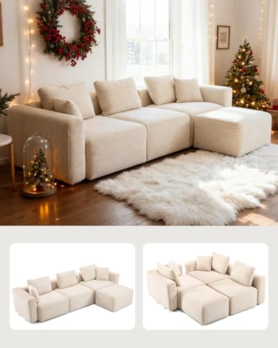 Karl home Modular Cloud Couch with Ottoman 112.2\" Corduroy Sectional Sofa L-Shaped Modern Sofa Couch with Pillows for Living Room, Bedroom, Apartment, Creamy