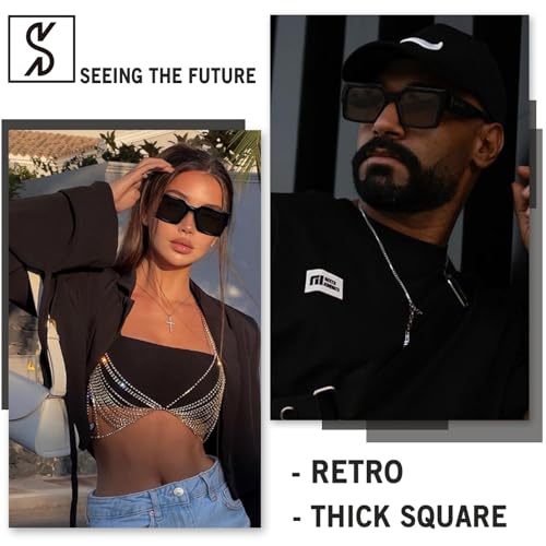 SHEEN KELLY Retro Thick Rectangle Chunky Sunglasses Women Men Trendy Narrow Square Black Tortie Frame Fashion 90s Glasses - Image 4