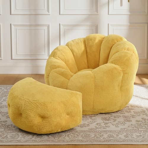 NUMDER Flower Bean Bag Chair with Ottoman, Comfy Fuax Fur