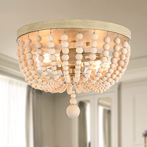 Image of Boho Wood Beaded Chandelier,Bohemia Flush Mount Ceiling Light, Industrial Rustic Oak Wooden Finish 2 Lights Fixture for Baby's Nursery Entryway Hallway Kitchen Girl’s Room,E26.