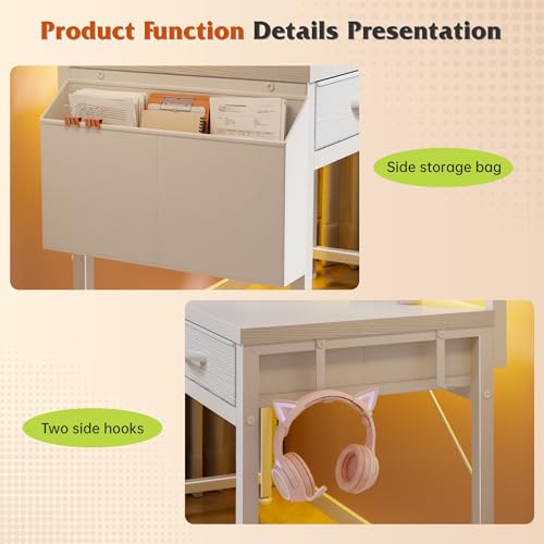 Image of DurayLoly 32 inch Computer Desk with 2Drawers and Side Pocket for Teenagers,Office Desk with Monitor Stand and LED Lights, Study Writing Table with Anti-Tip Design for Small Spaces,Glacier White