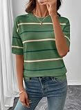 SHEWIN Womens Tops Crew Neck Short Sleeve Shirts for Women Lightweight Striped Womens Summer Sweaters Pullover Spring Outfits for Women,(US 8-10) M,Green