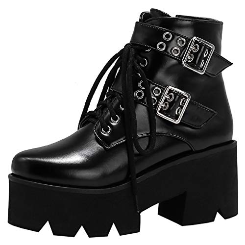 Image of Parisuit Womens Goth Patent Ankle Boots Platform Chunky Combat Boots | Lace Up, Gothic Boots, High Heel, Punk Short Booties, Buckle Boots, Chain Boots