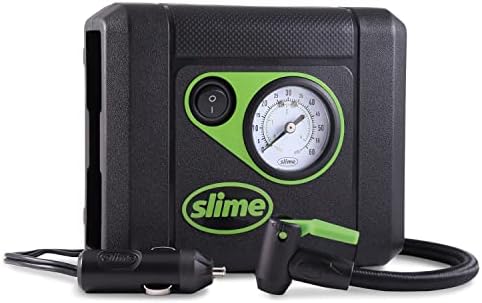 Slime 40060 Tire Inflator, Compact, Portable Car Air Compressor, Analog, Quick Connect Air Hose, Flat Tire Puncture Repair, 12V, 10 min inflation Black