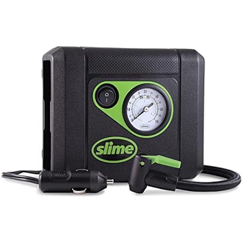 Slime 40060 Tire Inflator, Compact, Portable Car Air Compressor, Analog, Quick Connect Air Hose, Flat Tire Puncture Repair, 12V, 10 min inflation