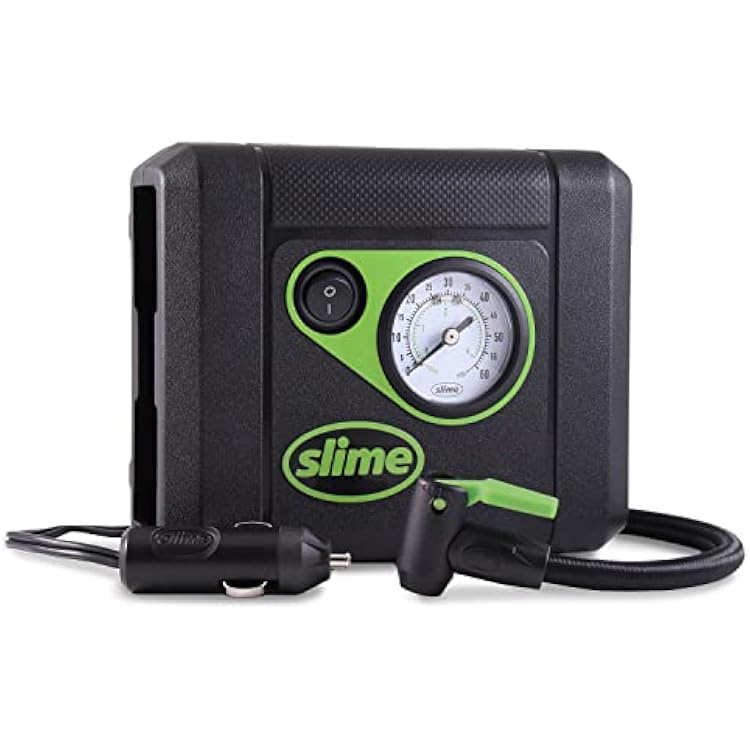 Slime 40060 Tire Inflator, Compact, Portable Car Air Compressor, Analog, Quick Connect Air Hose, Flat Tire Puncture Repair, 12V, 10 min inflation