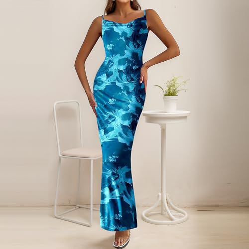 Image of Women's Spaghetti Strap Maxi Dress Floral Print Bodycon Long Dress Summer Beach Vacation Wedding Guest Outfits
