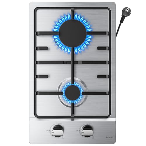 WEHIMO Plaque de Cuisson Gaz 2 Feuxs, Plaque Gaz 2 Feuxs Inox, Cuisinière à Gazs 2 Brûleurs, Encastrable, Grille Fonte, 3700W, Gazs Ville et Bouteille