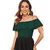 WDIRARA Women's Stretchy Off Shoulder Flounce Sleeve Sexy Slim Blouse Tops Shirt Dark Green Solid Medium