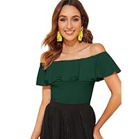 WDIRARA Women's Stretchy Off Shoulder Flounce Sleeve Sexy Slim Blouse Tops Shirt Dark Green Solid Medium