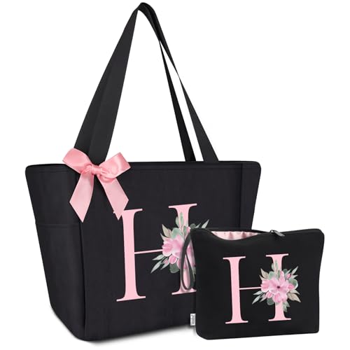 Vavabox Tote Bag, A-Z Initial Monogrammed Waterproof Tote Bag, Bridesmaid Gifts for Women, Black and Pink (H, Black Set)