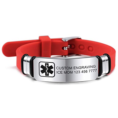 MOWOM Medical Bracelet Custom Engraved Silicone Adjustable Sport ID Identification Alert for Men Women Kids Stainless Steel - Bundle with Emergency Card, Holder (Red,Custom Engraving