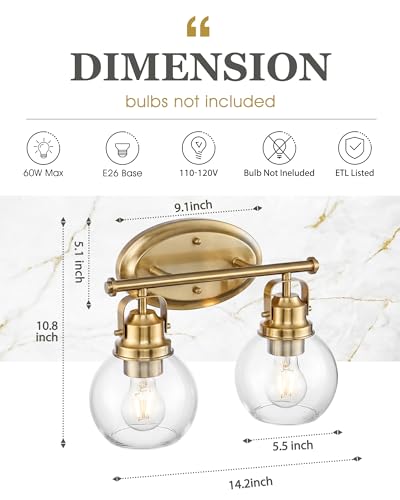 Image of Gold Bathroom Light Fixtures, 2-Light 14 inch Vanity Lights with Clear Globe Glass Shades, Farmhouse Vintage Vanity Lighting Fixtures Over Mirror, E26 Base, AD-2147-2W-BG