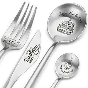 Happy 21st Birthday Spoon&Fork Gifts Engraved Cutlery Set Personalized Birthday Gifts for Son Daughter Sister Brother Friends