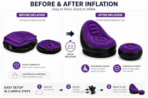Image of Inflatable Air Sofa Chair with Ottoman & Automatic Electric Pump, Portable Flocked Blow Up Lounge Chair for Living Room, Bedroom, Camping & Outdoor Use (Purple)
