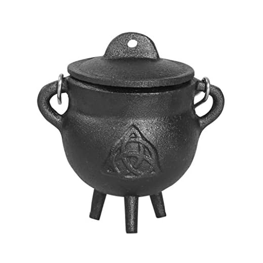 Cauldron -3.5 Inch Triquetra Cast Iron Cauldron with Lid and Handle - Perfect Incense Smudge Kit Sage Holder Altar Ritual Burning Holder