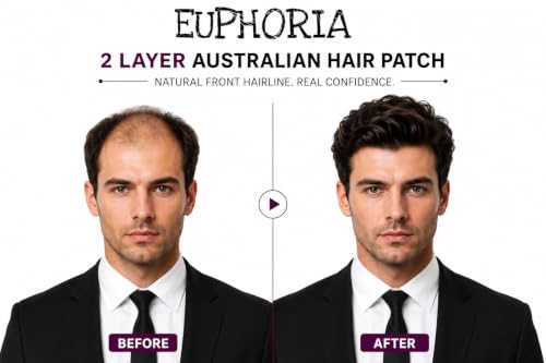 Image of EUPHORIA 2 layer Original Australian Hair Patch | 0.03 mm Ultra Thin Poly for Natural Front Hairline | 100% Remy Human Hair Toupee | Non-Surgical Hair Replacement System | Use with Tape, Glue or Clips | (Black, 8x5)