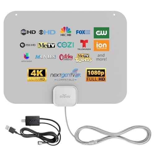 Mohu Leaf Amplified – Ultra-Thin Indoor TV Antenna, 60-Mile Range, Jolt Switch Amp, UHF VHF, Multi-Directional, 4K UHD, NEXTGEN TV - w/ 12 ft. Cable